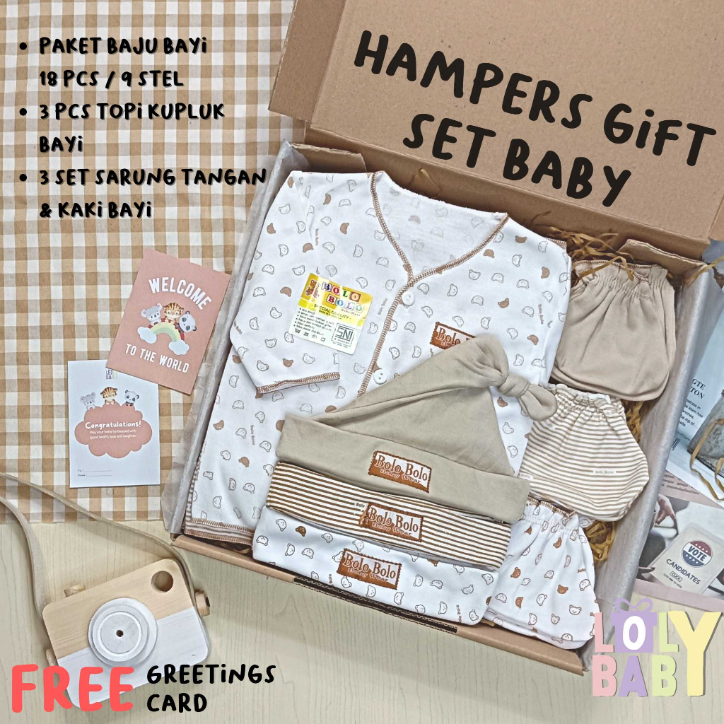 Hampers Baby Gift Set ( 30 cm ) 18 Pcs Baju Bayi Baru Lahir 3 Pcs Topi Kupluk 3 Set Sarung Tangan dan Kaki LOLY BABY