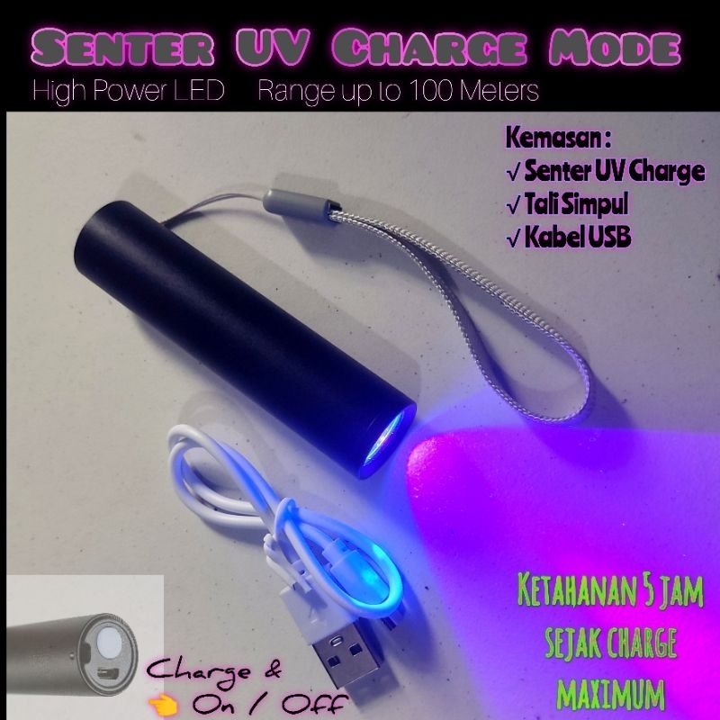 Senter Ultra Violet UV High Power Charge Model 365nm 395nm