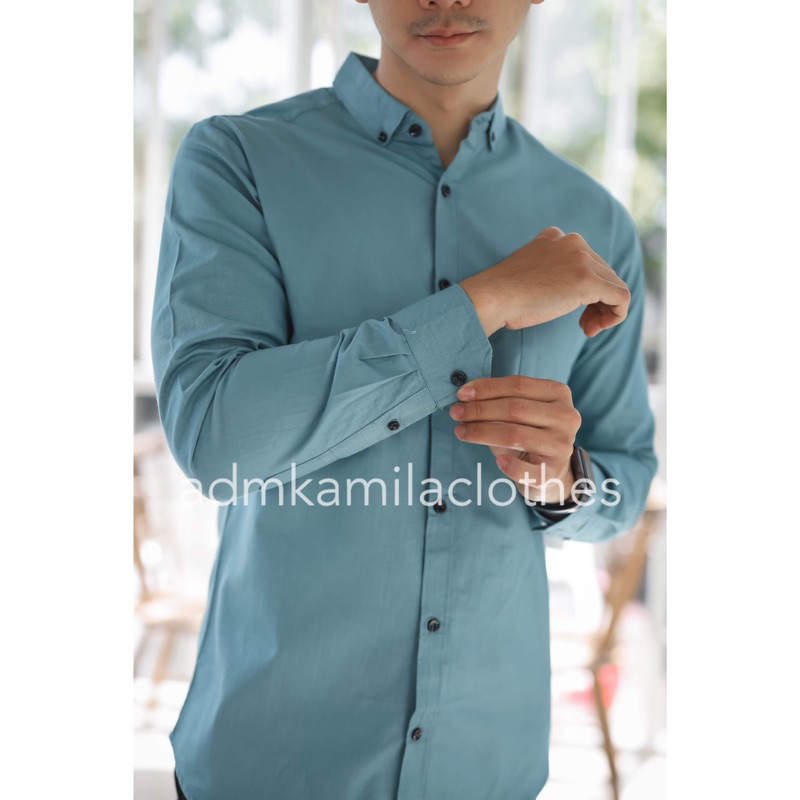 Kemeja pria cowok polos slimfit kasual basic HeM lengan panjang biru mint