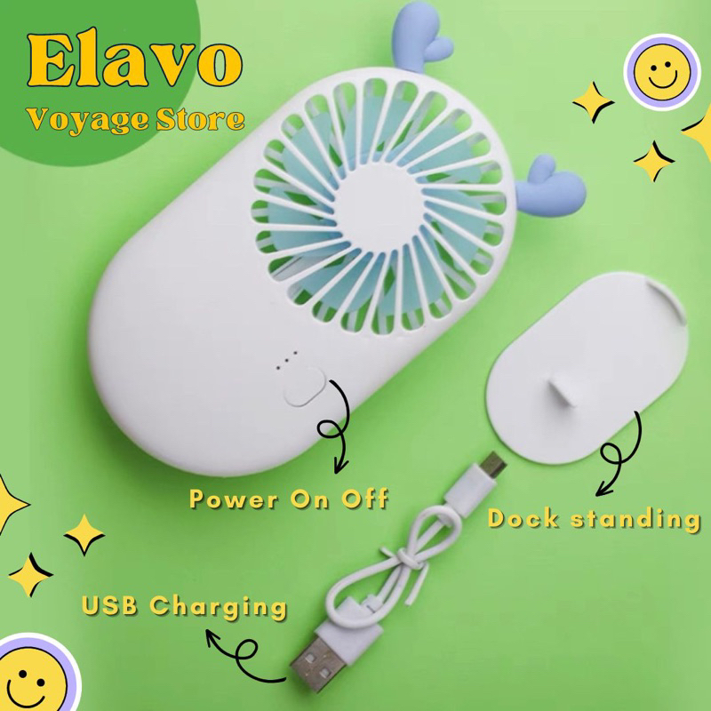 ELAVO ORIGINAL Mini Portable Fan Kipas tangan angin lucu Rusa wireless USB travel standing dock handphone deer