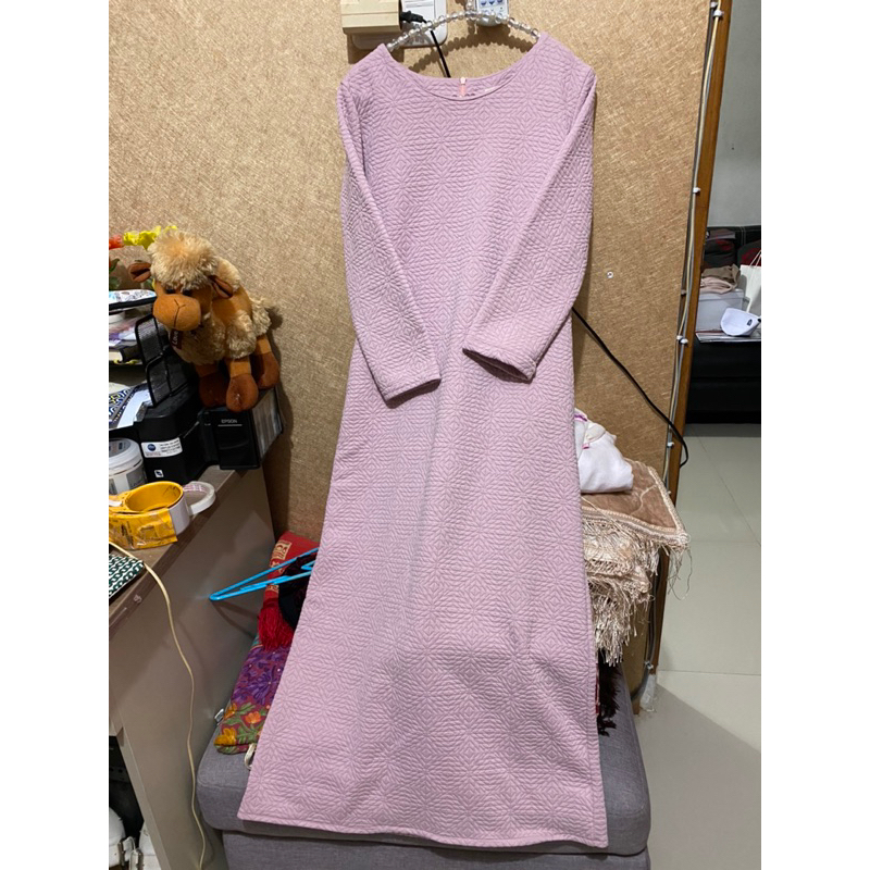 Preloved Hijup Havva Dusty Pink S Gamis Dress Baju Muslim Midi Jacket Dingin Rajut Casual Polos COD
