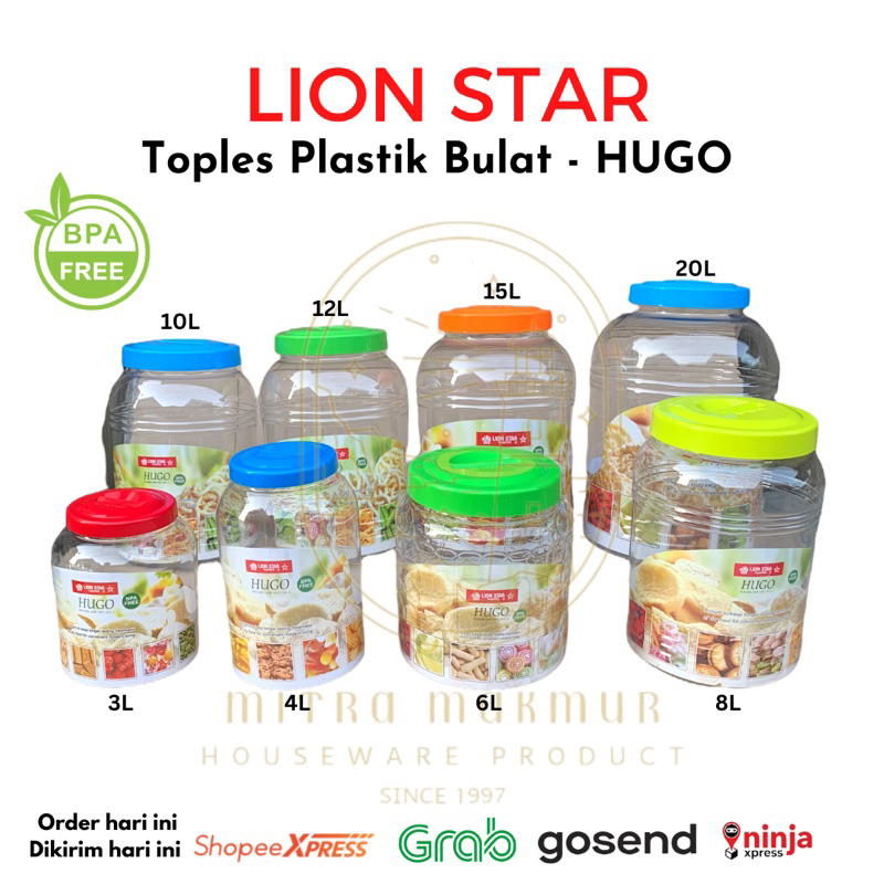 LION STAR - Hugo Round Jar / Square Jar / Toples Plastik  / Toples Kerupuk 3 4-6 8 10 15 20 Liter