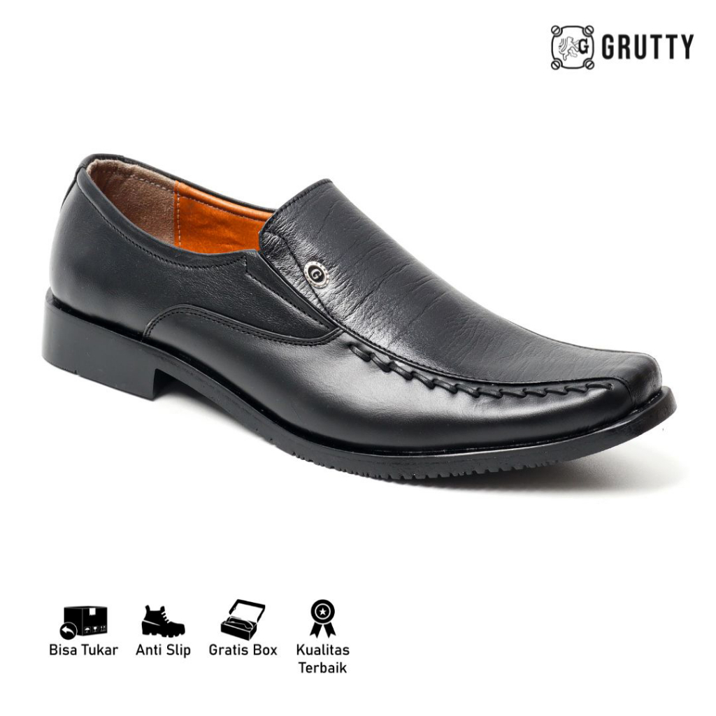 Sepatu Pria Formal Pantofel Kerja Dinas Kantor Model slip on hitam kulit asli original GRUTTY DC002