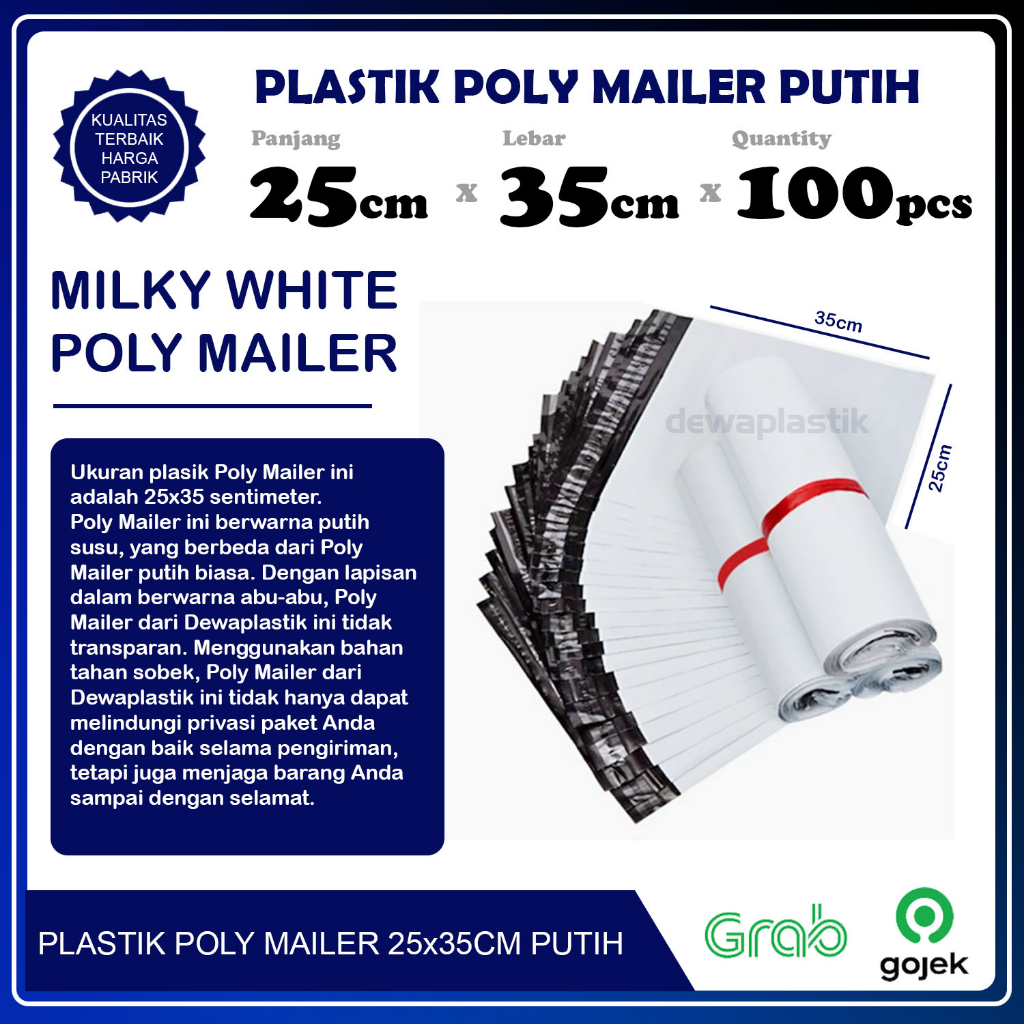 Poly Mailer 25x35 cm Putih Isi 100 Pcs Polymailer Kantong Plastik LDPE Amplop Packaging 25 x 35 cm Plastik Packing Putih 25x35cm Kantong Paket 25 x 35cm Warna Putih Susu Isi 100pcs