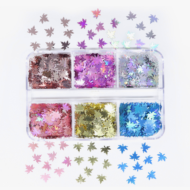 6 Grid / Kotak Payet Glitter Laser Bentuk Daun Maple 6 Sekat Untuk Dekorasi Nail Art 3d