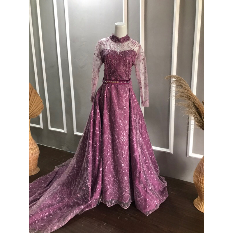 Slim dress ungu ekor wedding gaun dress pengantin