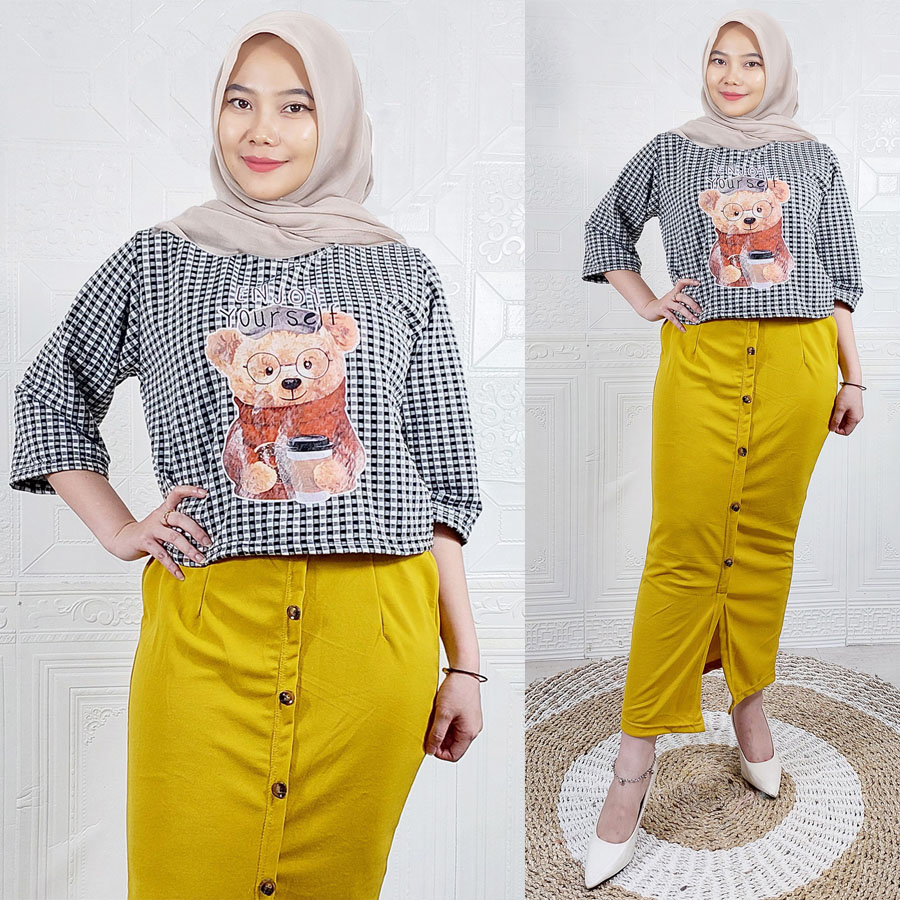 CARLINA FASHION MELOVA TEDDY SETELAN BAJU KOTAK DAN ROK SPAN WANITA