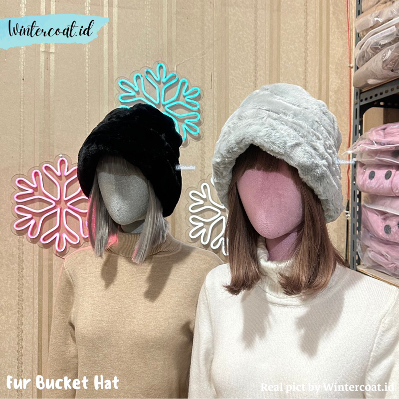 Bucket hat fur topi winter wanita import kupluk bulu cewek hangat musim dingin fashion