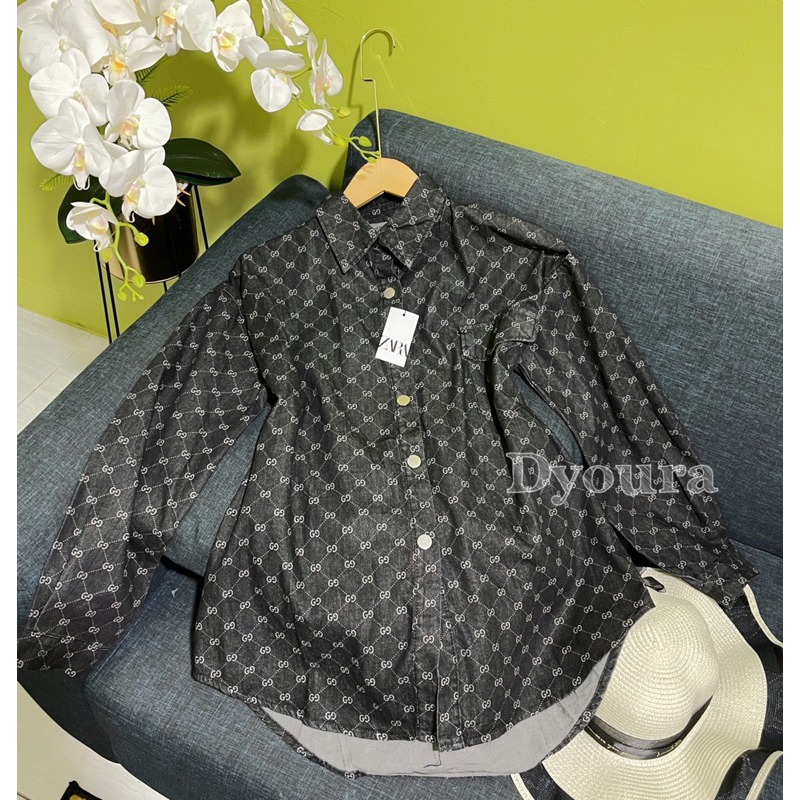 Chafia Shirt Jeans / Jena Chafia Shirt / Kemeja Oversize / Atasan Kemeja Rayon Import / Atasan Rayon Motif Terlaris /Blouse Import