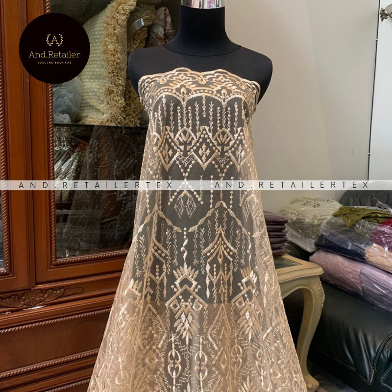 Bahan Kain Kebaya Brokat Tile Bordir Etnic Madeline Warna Gold/Golden Brown