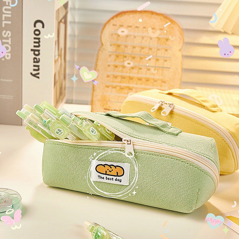 KENSHO Kotak Pensil Sleting Roti Lucu Bahan Corduroy Ada Handle Motif Polos Plaid Warna Pastel / Pencil Case / Zipper