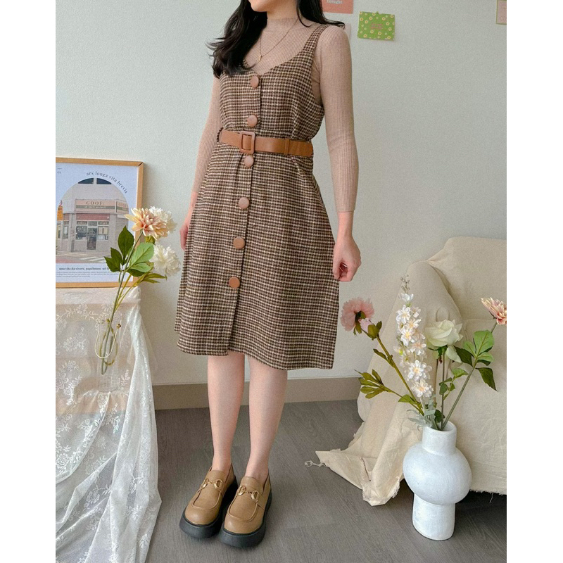 KANON - Riona Knit Set - Set dress inner sweater rajut outer dress flannel dengan belt musim dingin