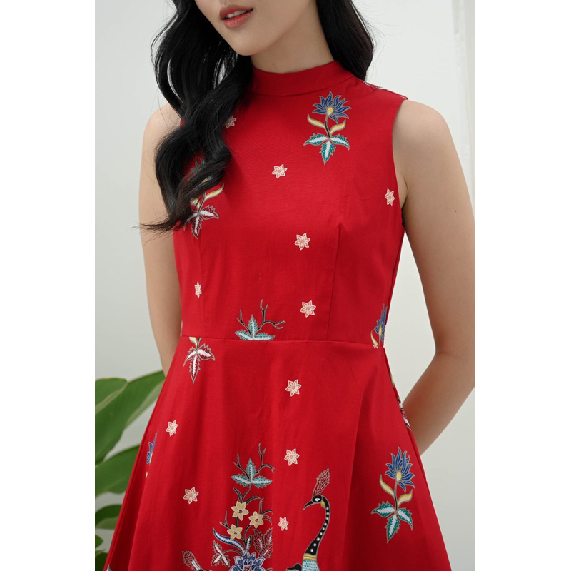 Dress batik wanita asimetris tanpa lengan / dress pesta batik wanita merah / dress CNY 3310 311