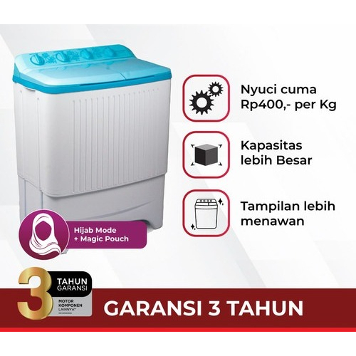 Mesin cuci Polytron PWM 8073 Pink Biru Kapasitas 8 kg 2 tabung