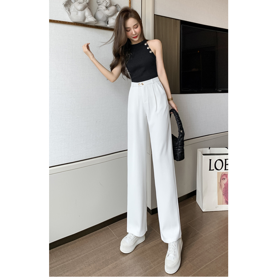 Korean Putih Highwaist Loose Celana Setelan Wanita