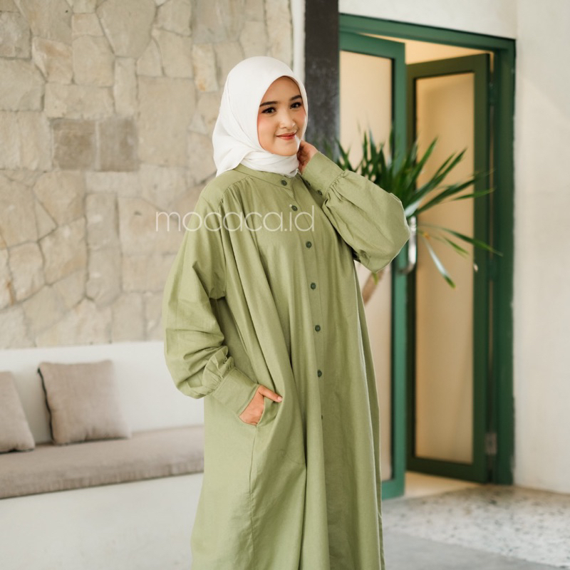 Dress Green Hijau Sage Elegan Ootd Hijabers bahan katun linen rami lengan kancing casual klasik dovey