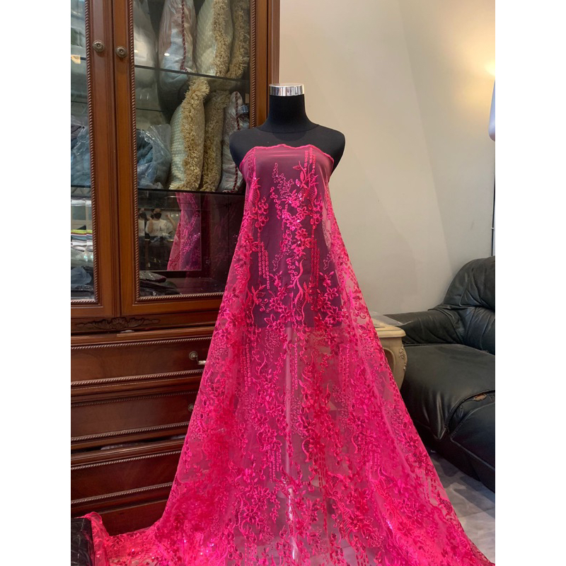 Kain Bahan Kebaya Pesta Brukat Brokat Tile Bordir Mewah Gracia Warna Pink Fushia