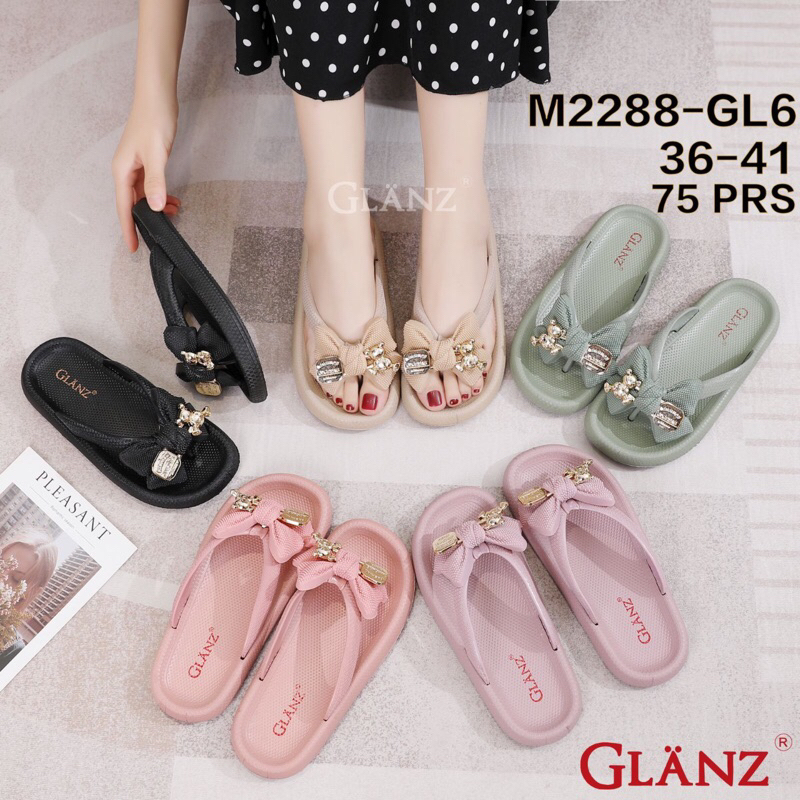 Sandal Jelly Jepit Glanz M2288 Sandal Jepit Oval Motif Pita Bear Gold Terbaru