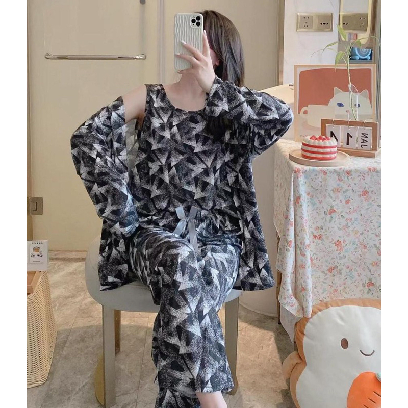 Set Kimono 3in1 PP import/ Baju tidur Kimono Set Kekinian / Set Kimono wanita terbaru