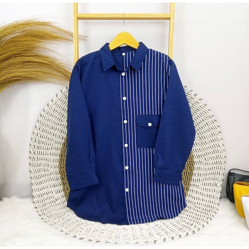 Kemeja Wanita LD 120 cm / Kemeja Jumbo two tone garis garis