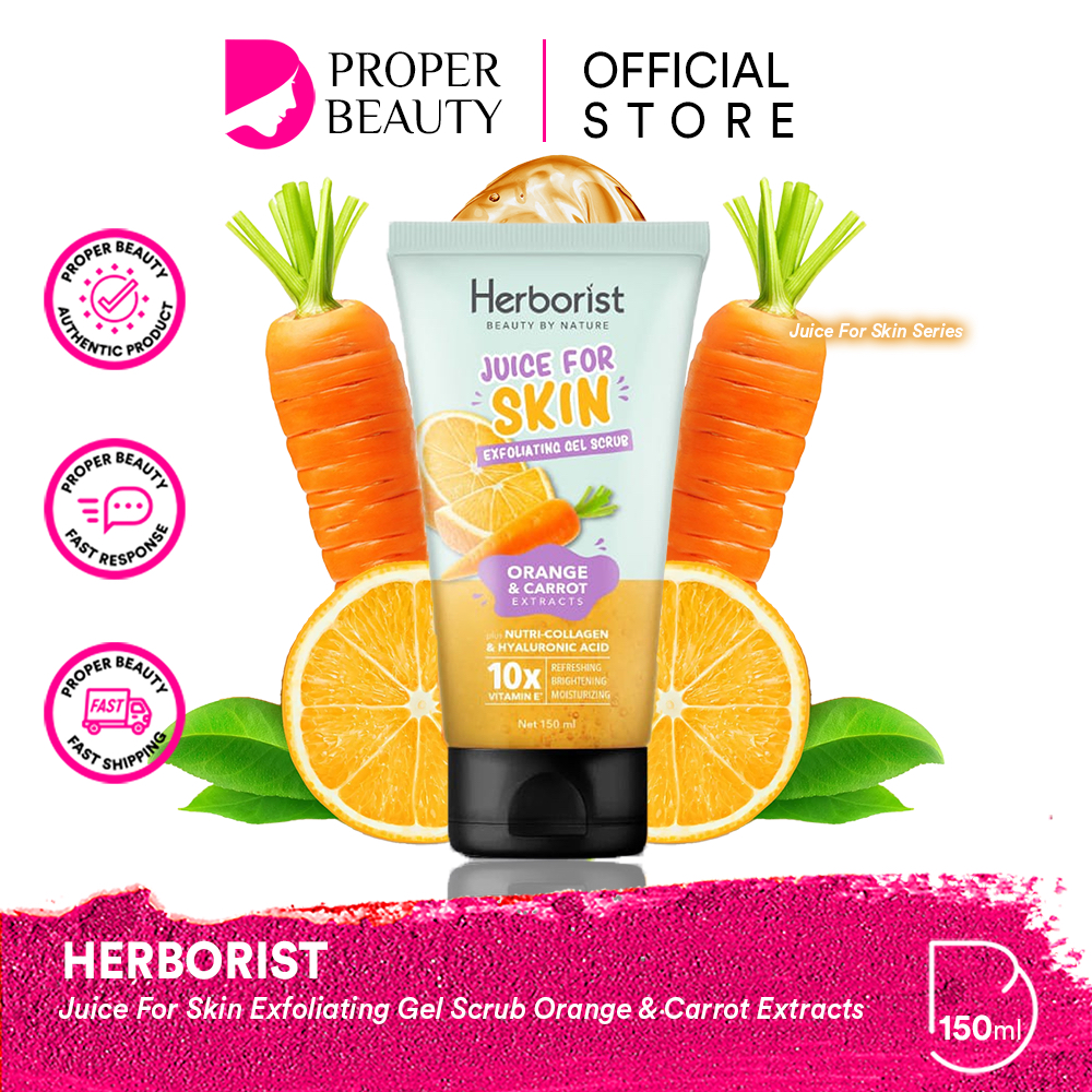 HERBORIST Juice For Skin Exfoliating Gel Scrub Orange &amp; Carrot Extracts Indonesia / Scrub Tubuh 150ml / Plus Nutri-Collagen &amp; Hyaluronic Acid 10x Vitamin E / Refreshing Brightening Moisturizing / Mencerahkan / Skincare Body Care Kulit Face Mineral Lotion