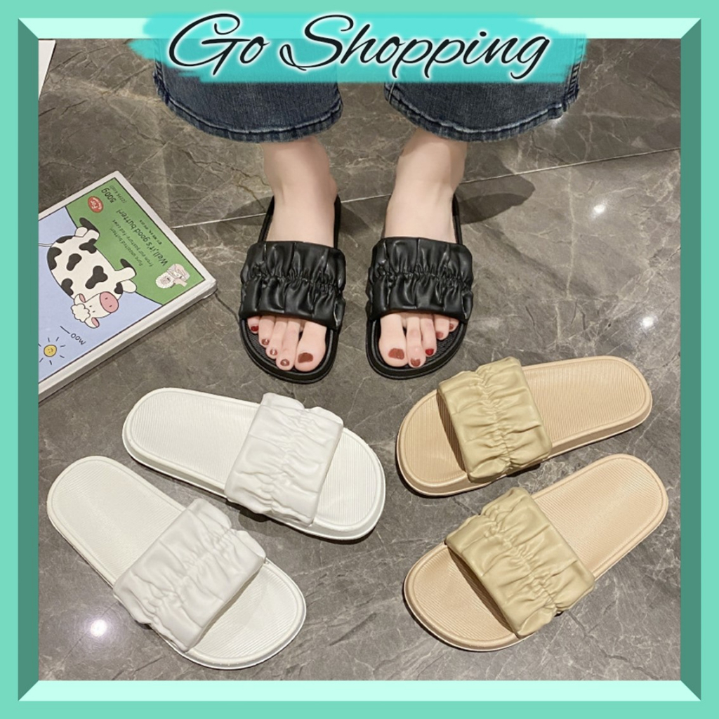 GO! SD1045 Sandal Slop Wanita Karet Jelly Korea Motif Serut Sendal Serut Karet Elastis Balance