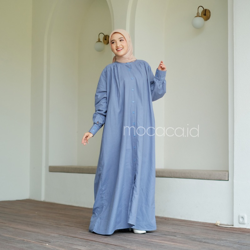 Dress gamis blue denim biru Elegan Ootd Hijabers bahan katun linen rami lengan kancing casual klasik dovey