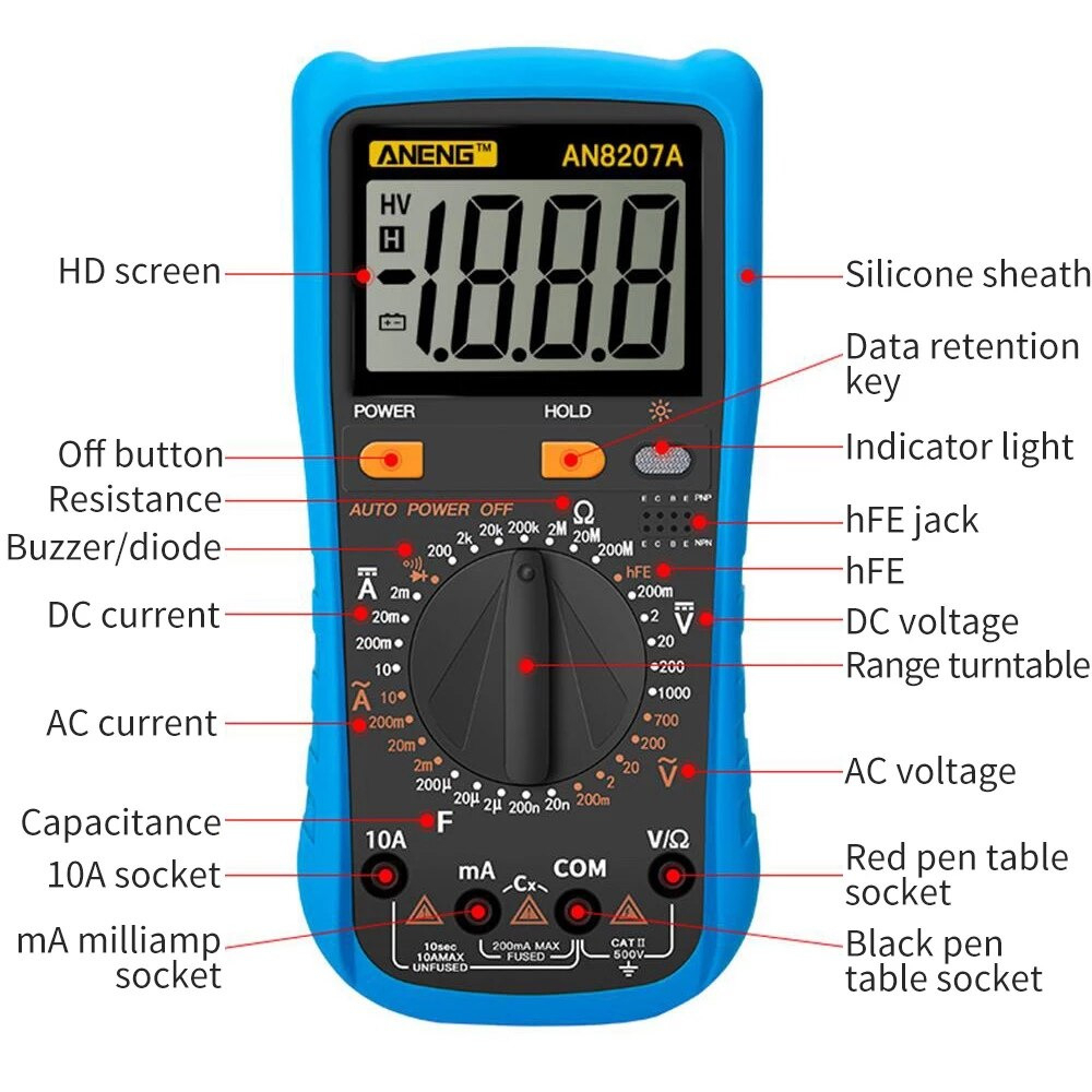 ANENG Digital Multimeter Voltage Tester - AN8207A - Black