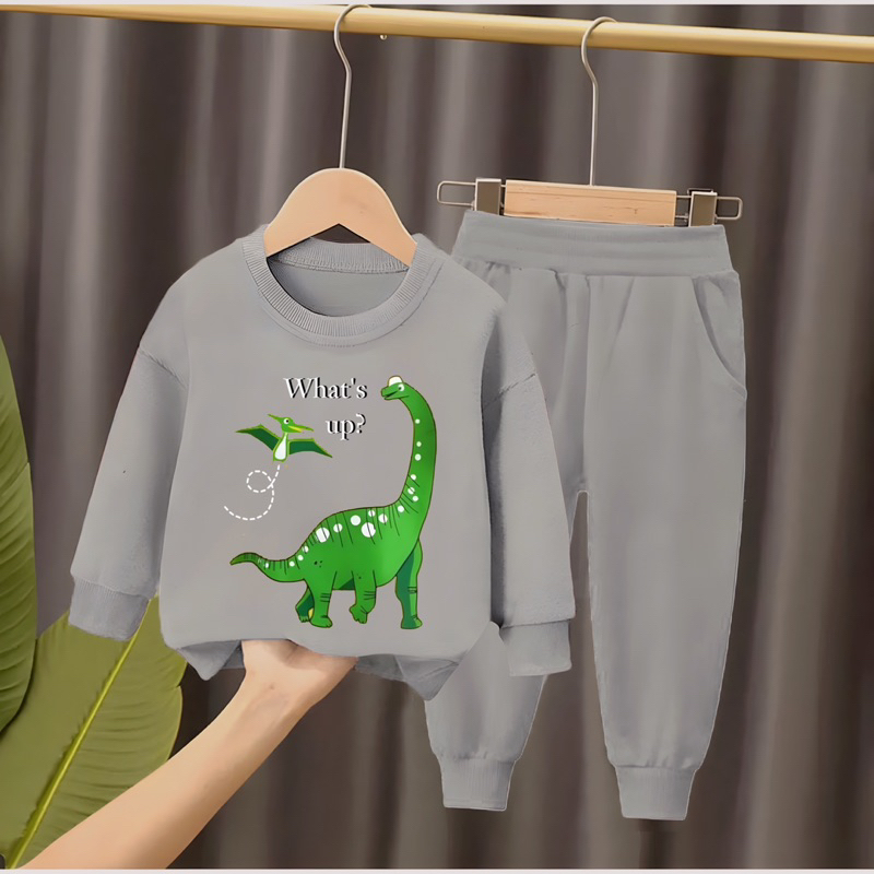 Setelan sweater joger bayi anak laki-laki dan perempuan motif dino whats up? usia 6 bulan-5 tahun best quality best fashion anak