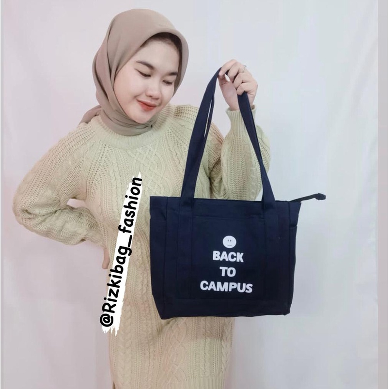 Totebag Wanita Kanvas Aesthestic Resleting Back To Campus Kuliah