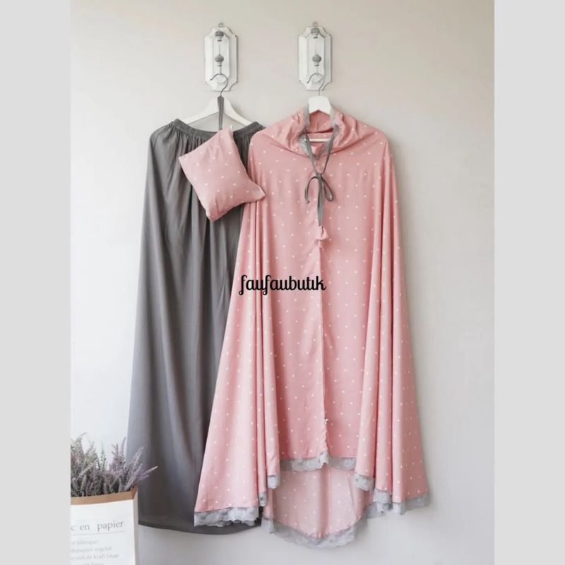 Mukena Rayon FaufauHijab Selma Polka Pink Rok abu