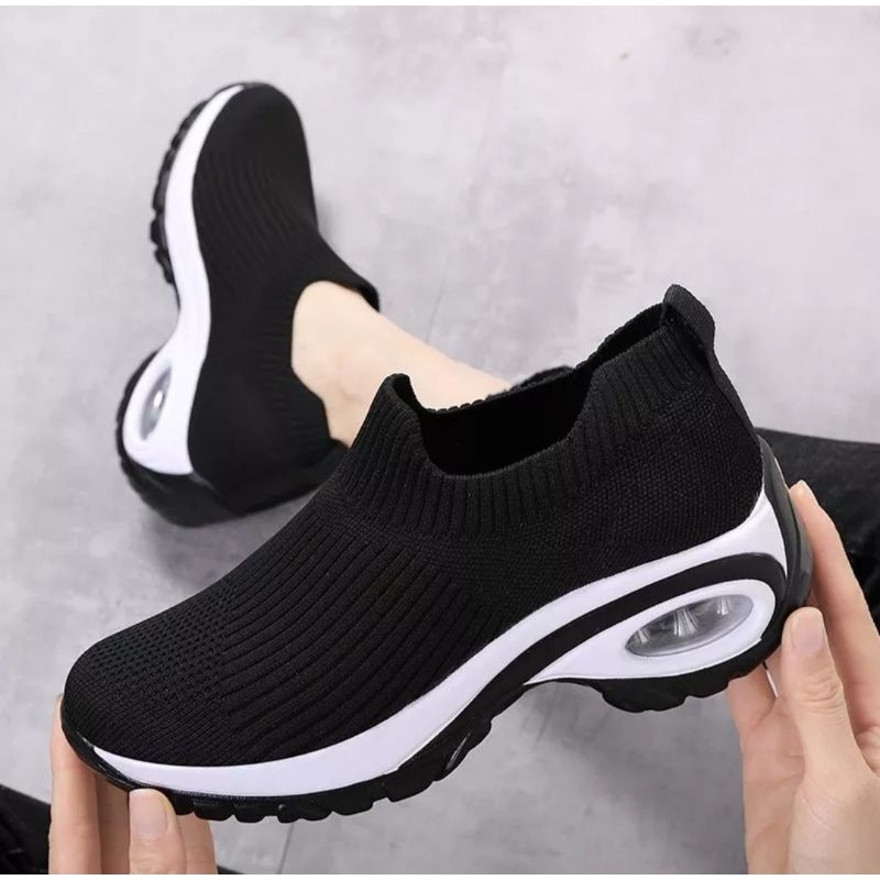 Sepatu Slip On Rajut Import Wanita High Wedges Kuliah Kerja Sporty