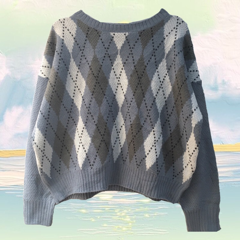 CROP ARGYLE KNIT GU UNIQLO SWEATER| SWEATER KETUPAT ACADEMIA BLUE DENIM