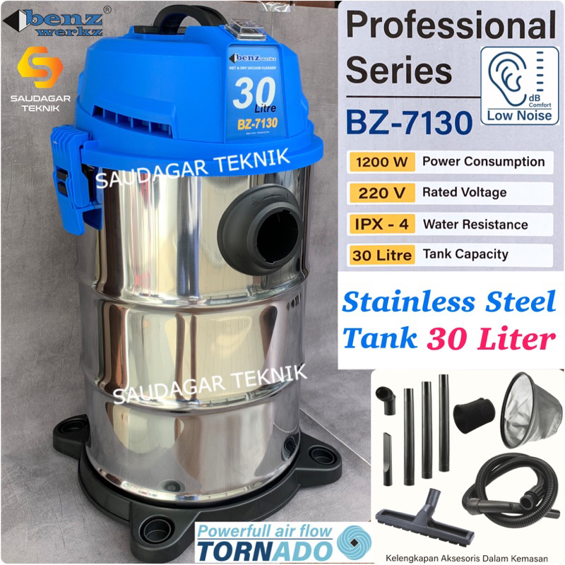 Vacuum Cleaner 30 Liter Benz Tangki Stainless Steel Wet Dry Vacum Cleaner Mesin Sedot Debu Alat Penyedot Penghisap Debu Lantai Mobil Karpet Ruangan Basah Kering