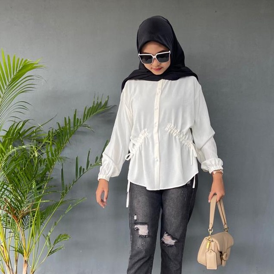 Meira Blouse Serut Crinkle Wanita - Blouse Tali Serut - Kemeja Serut Crinkle Airflow - Atasan Wanita - Blouse Cantik Wanita- Kemeja Basic Oversized