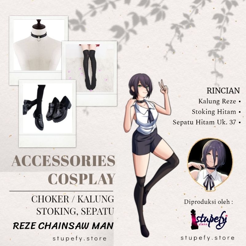 Accessories Reze Chainsaw Man Kalung Reze Chainsaw Man Stoking Hitam dan Sepatu Hitam