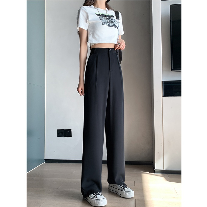 Putih/Hitam Highwaist Loose Kerja Celana Setelan Wanita Korean