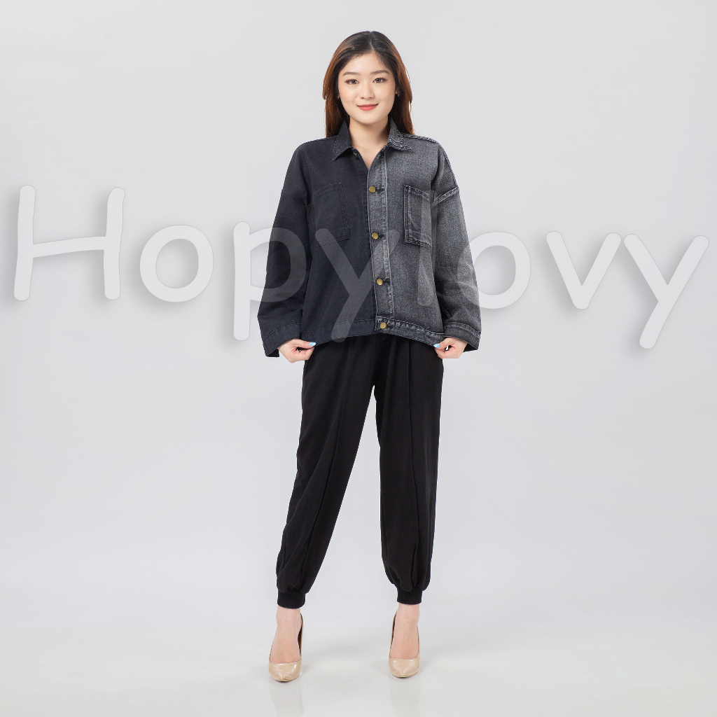 Jaket Jeans Oversize Wanita 2 Tone Black | Jaket Jeans Ombre Kekinian Taya HOPYLOVY