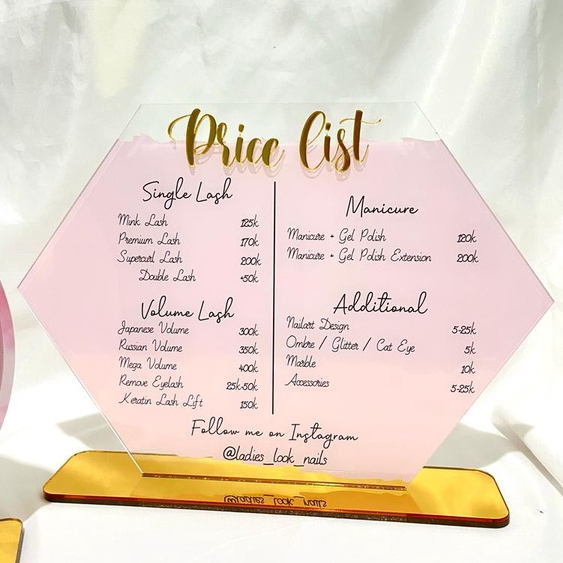 

Custom Sign Timbul Acrylic Price List / Menu Price List Toko Akrilik Mirror dan Akrilik UV PRINT / Custom List Harga Nail ART
