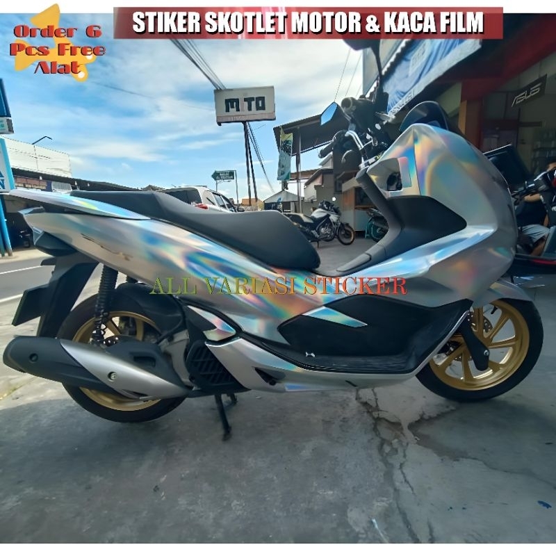 Stiker motor putih hologram lazer skotlet crome pelangi