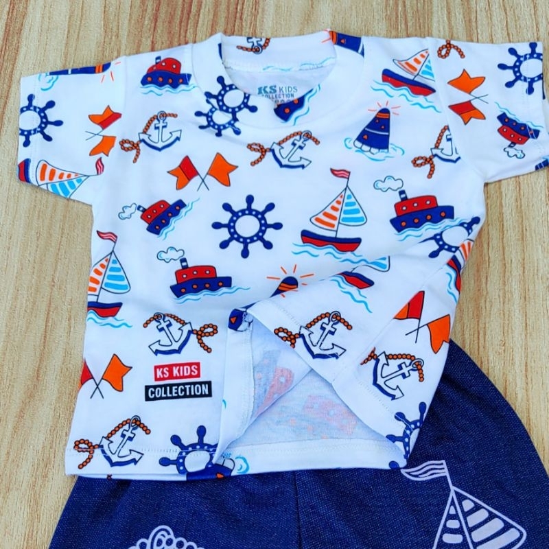 BANYAK MOTIF - SNI halus KS Setelan baju katun celana jeans anak bayi laki-laki cowok dinosaurus kapal helikopter mobil