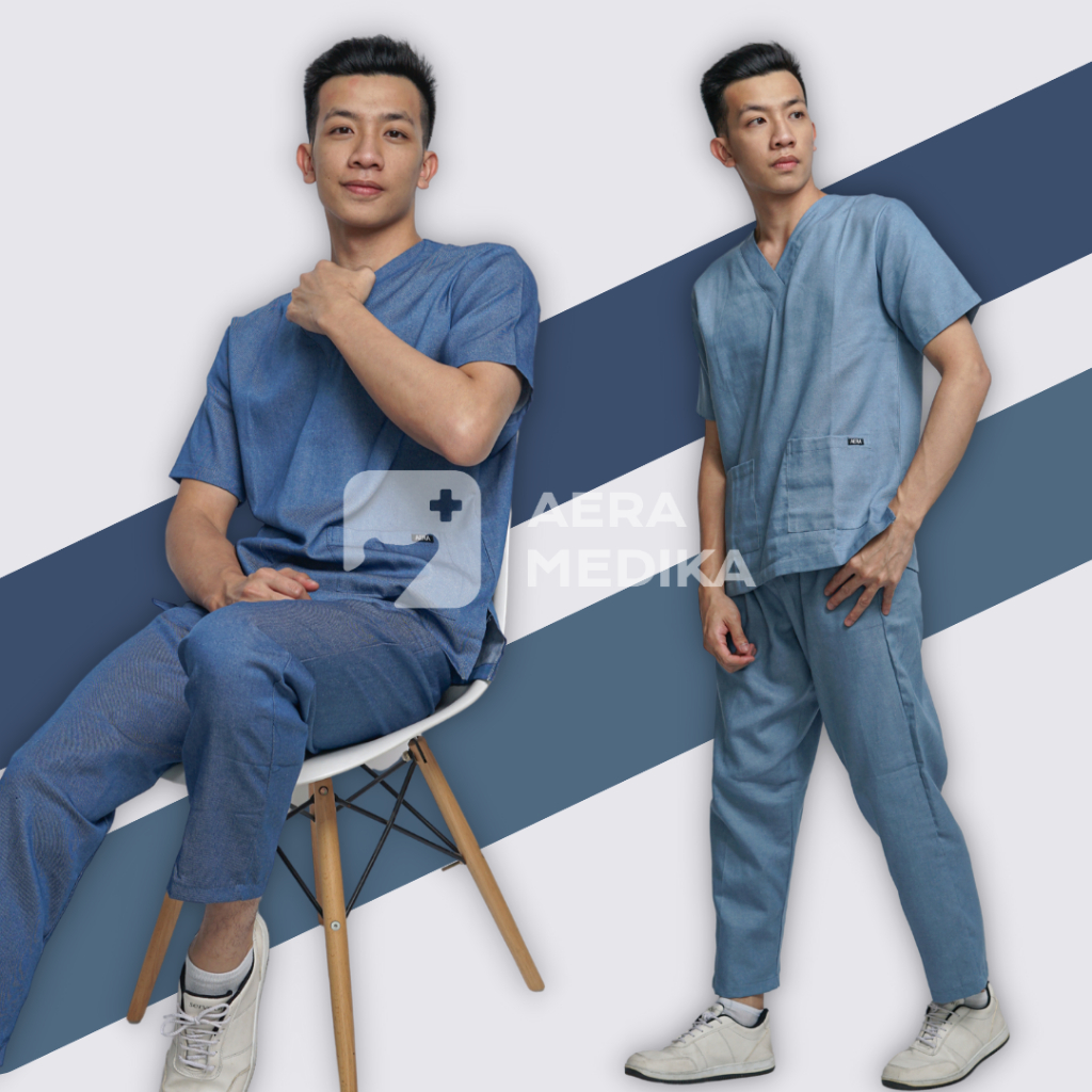 (DENIM BASIC) - Seragam Jaga / Baju OK / Oka / Baju Medis / Baju Perawat / Dokter / Seragam klinik / Baju jaga Lengan Pendek