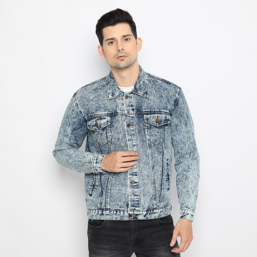 Trondheim Jaket Jeans Denim Pria Sulivan Blue Sandwash Benang Hitam
