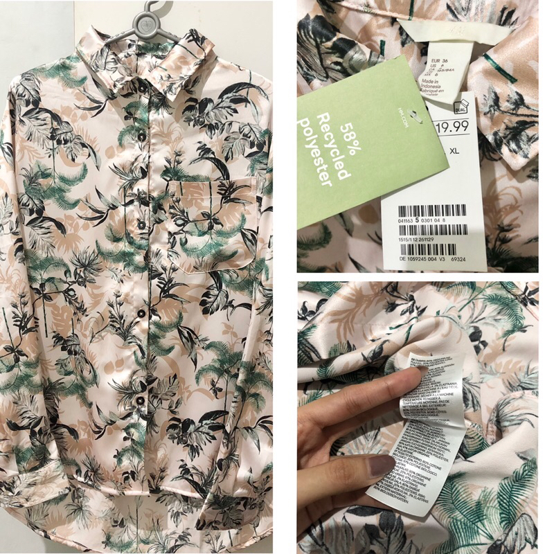 NEW kemeja H&M HnM HM atasan original store 100% satin silk sutra motif palm floral