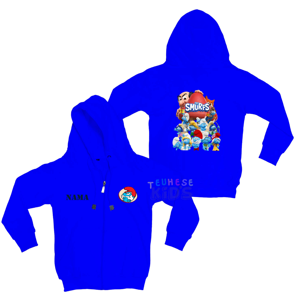 (FREE NAMA) sweater hoodie zipper anak the smurfs