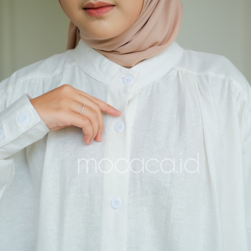 Dress Putih Tulang Broken White Elegan Ootd Hijabers bahan katun linen rami lengan kancing casual klasik dovey