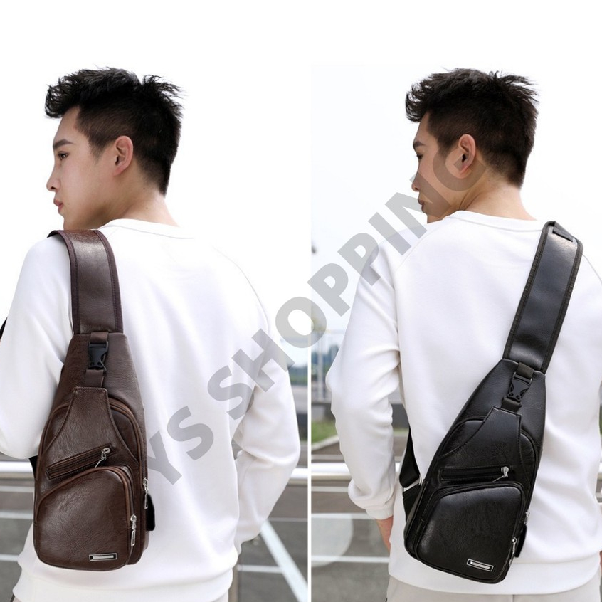 Tas Selempang Kulit Pria Premium High Quality / Tas Selempang Dengan Port Usb