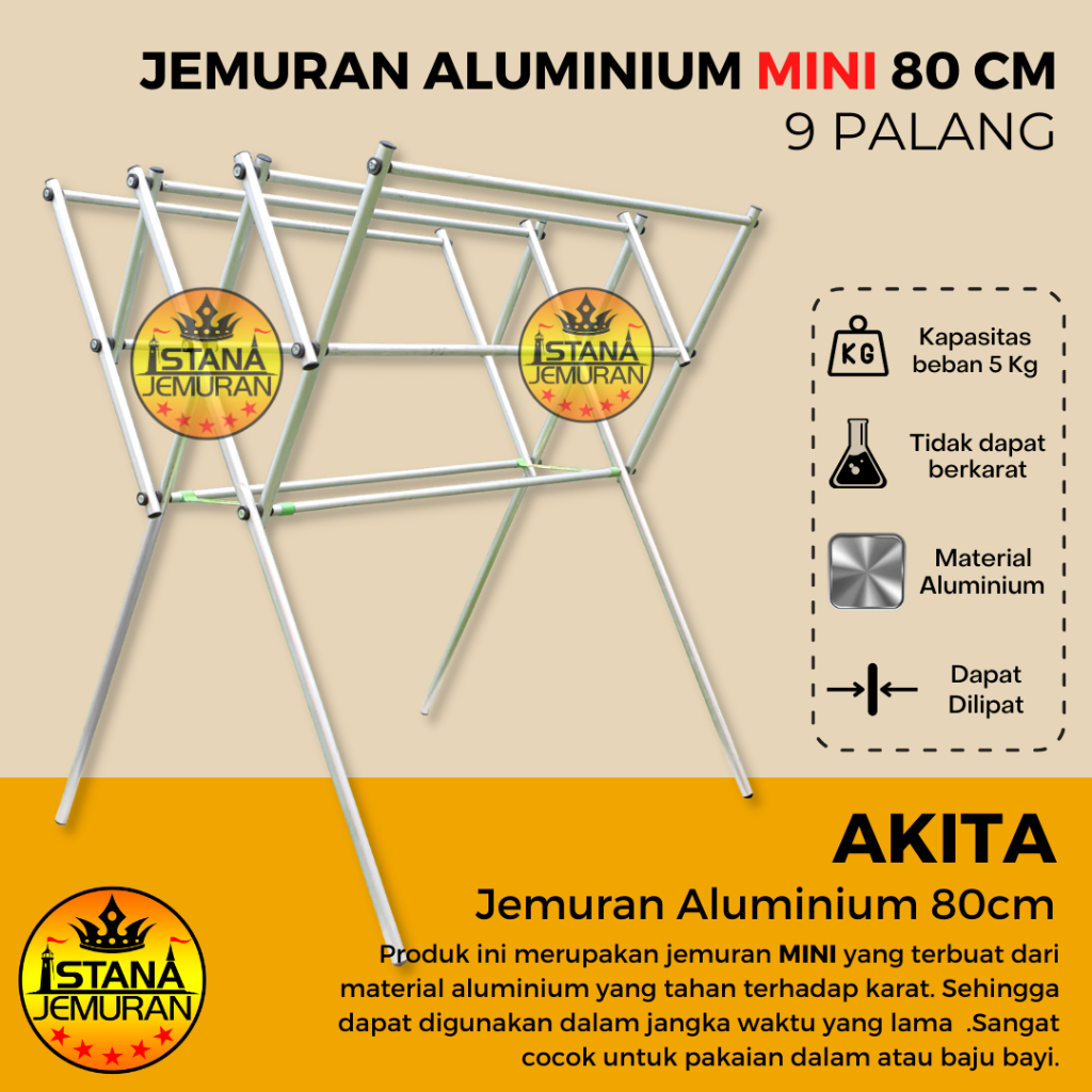 Jemuran Baju Aluminium Lipat Kecil 80 cm Rak Jemuran Pakaian Anti Karat 9 Palang Mini