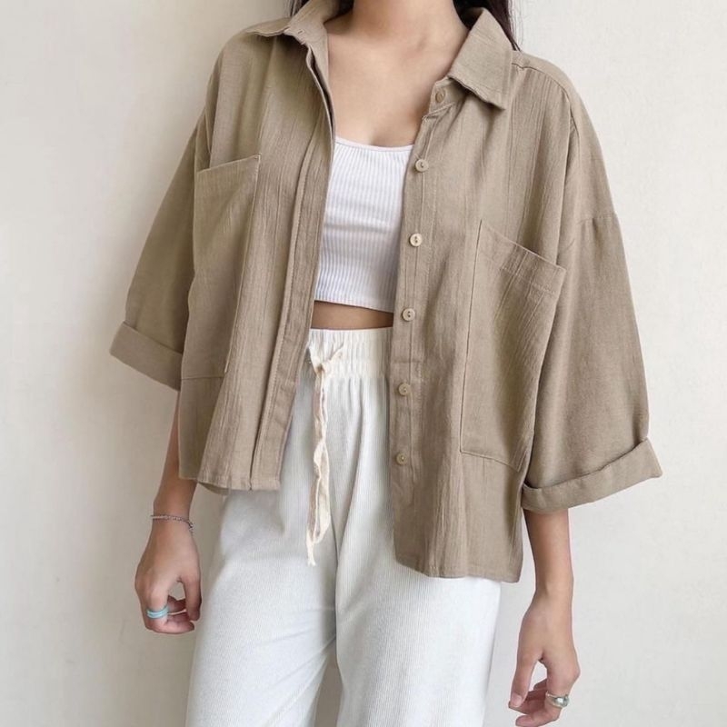 Ramona Atasan Blouse Kemeja Wanita Linen Crinkle Oversize