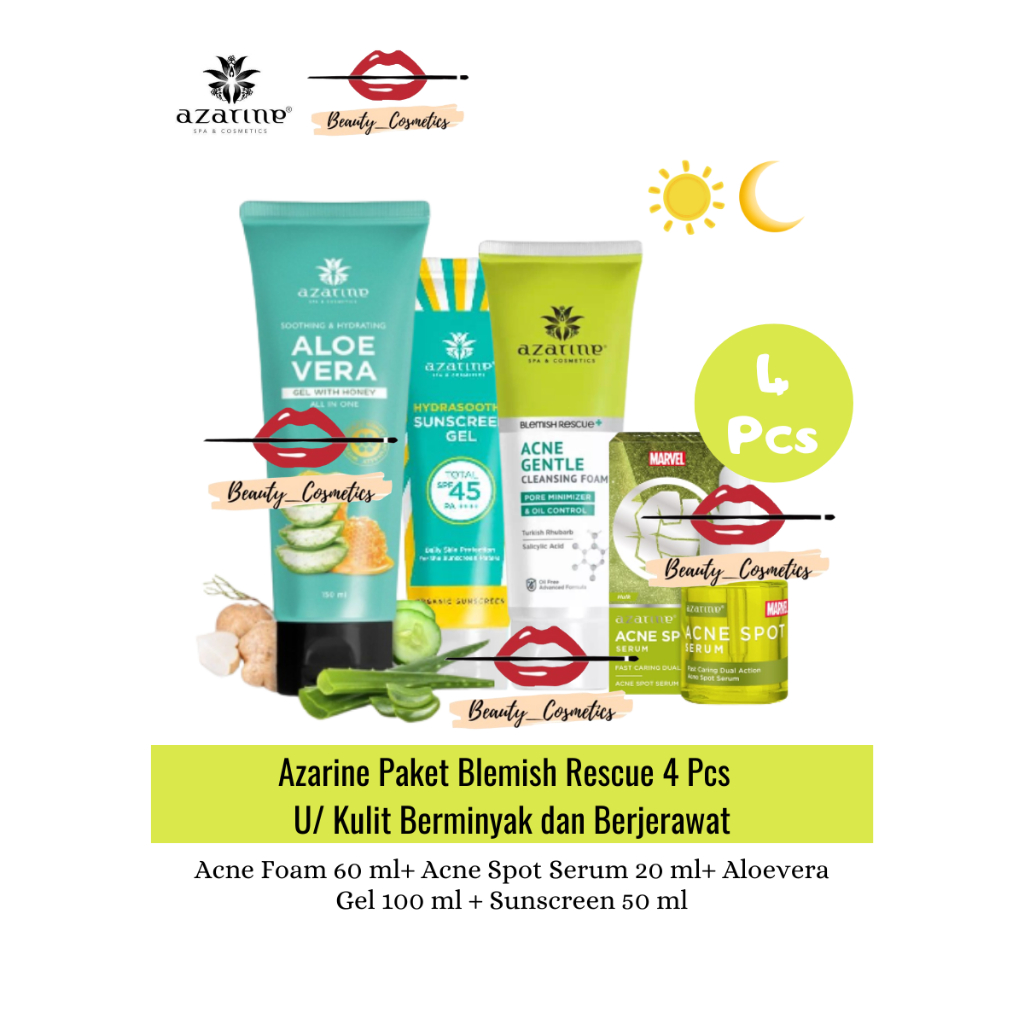 Azarine Paket Blemish Rescue 4pcs (Acne Gentle Gel Cleanser 60ml +Anti Acne and Brightening Serum 20